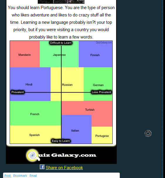 Glitch in a "what language should you learn quiz" where the marker is on the same background color as the "Share on Facebook" link